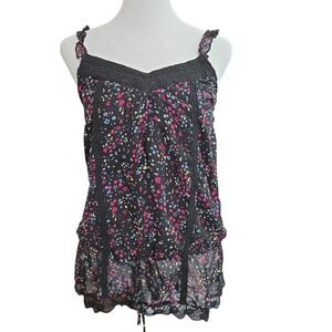 Decree Black Floral Lace Trim Cami Top Women M Tie Lined Sheer Witchy Whimsigoth